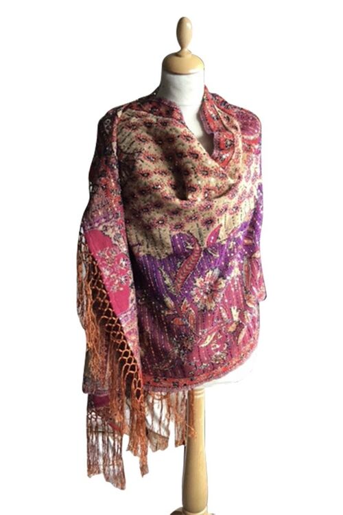 Red Purple Yellow Embellished Paisley Shawl