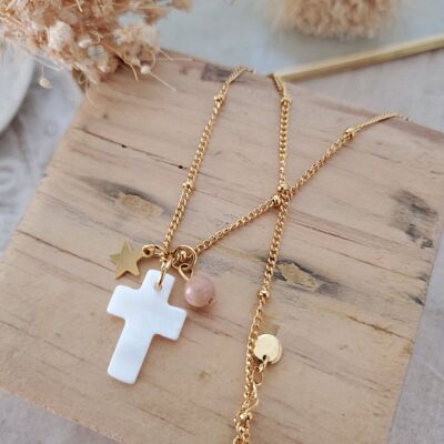 Mother-of-pearl cross necklace with stainless steel chain