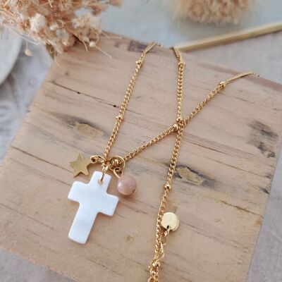 Collier croix nacre chaine acier inox