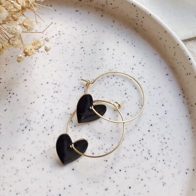 Stainless steel black resin heart hoop earrings