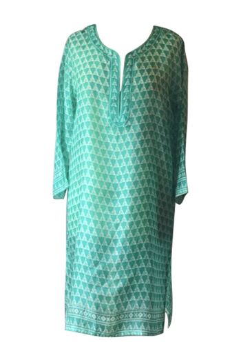 Caftan Pure Soie Imprimé Triangles Verts