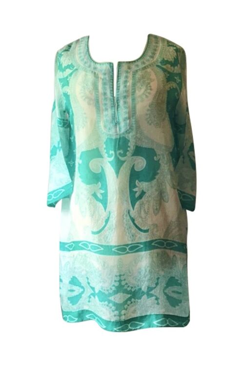 Pure Silk Green and White Printed Kaftan