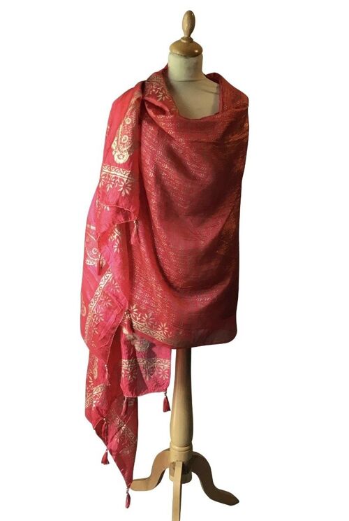 Red Art Silk Stole With All Over Gold (Khari) Block Print