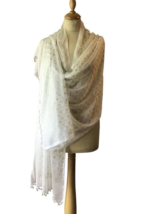 White Chiffon Stole With Silver All Over (Khari) Block Print