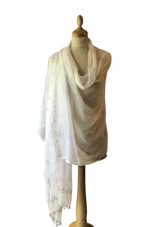 White Chiffon Stole With Gold (Khari) Block Print Motifs And Border