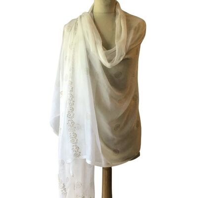 White Chiffon Stole With Gold (Khari) Block Print Motifs And Border