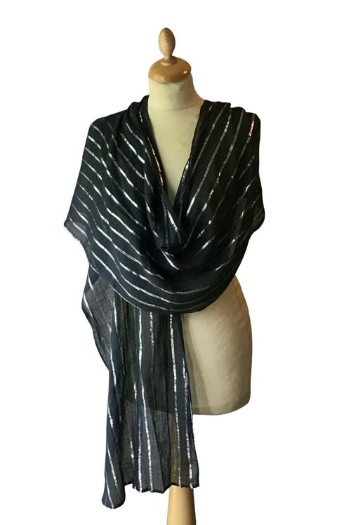 Black Cotton Stole With Silver Stripes