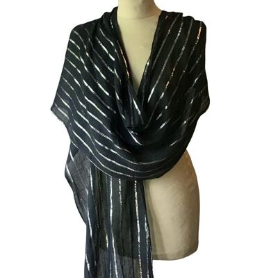 Black Cotton Stole With Silver Stripes
