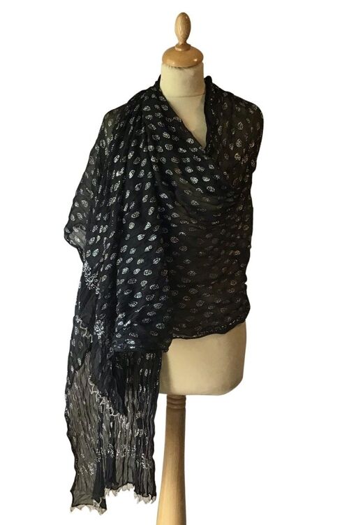 Black Crinkled Chiffon Stole With Silver Block Print (Khari)