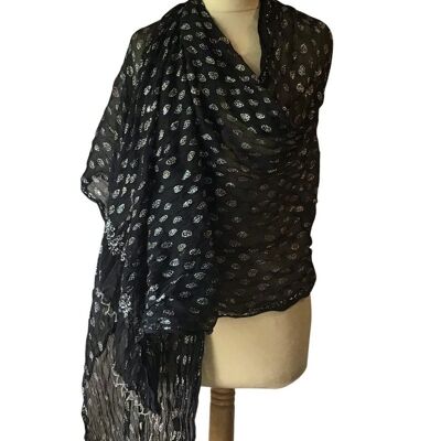 Black Crinkled Chiffon Stole With Silver Block Print (Khari)