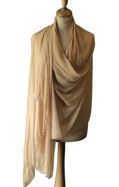 Beige Crinkled Chiffon Stole With Beaded Edging