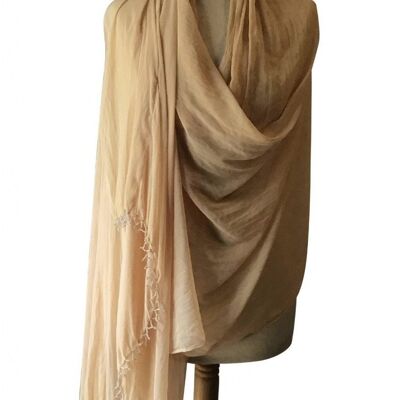 Beige Crinkled Chiffon Stole With Beaded Edging