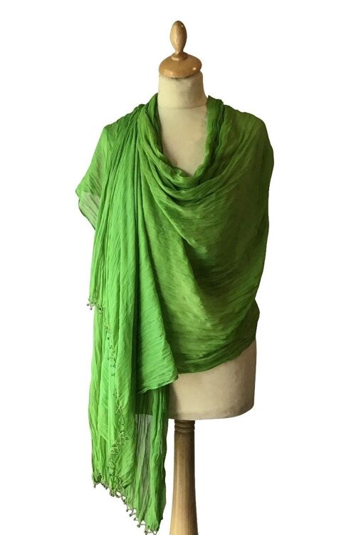 Green Crinkled Chiffon Stole With Beaded Edging