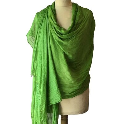 Green Crinkled Chiffon Stole With Beaded Edging