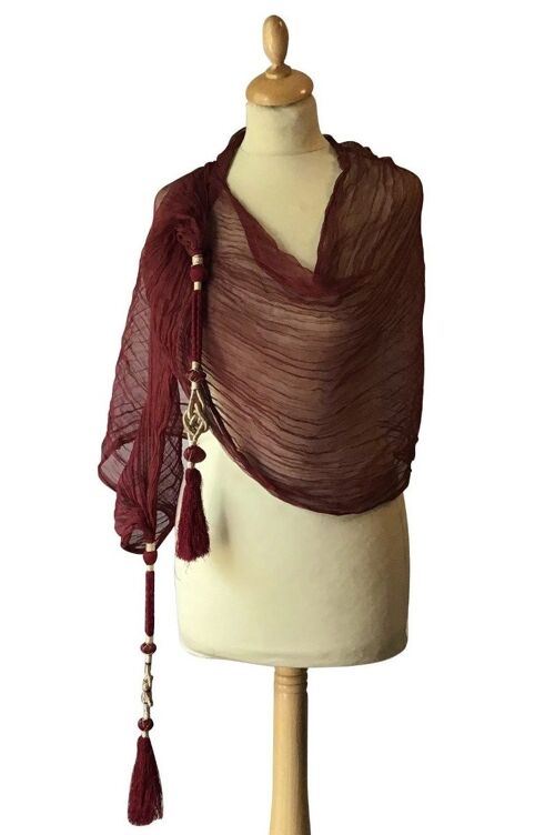 Maroon Crinkled Chiffon Stole With Large Tassels At Both Ends