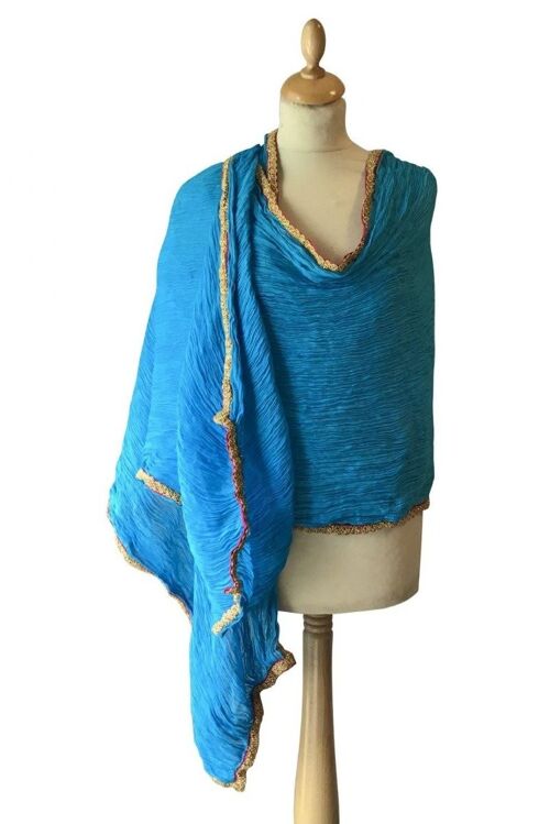 Turquoise Cotton Crinkled Stole With Gold Edging