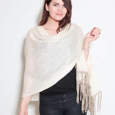Cream Pure Cashmere Shawl with Pink Suede Fringe
