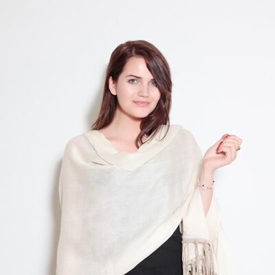Cream Pure Cashmere Shawl with Pink Suede Fringe