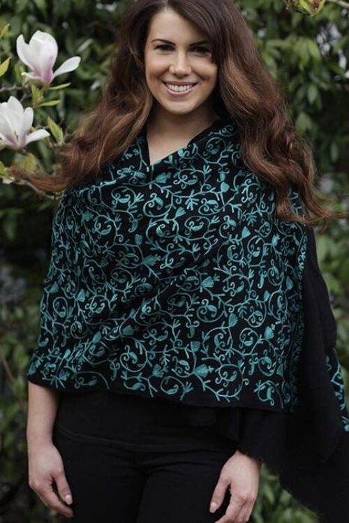 Black with Green Embroidered Wool Shawl