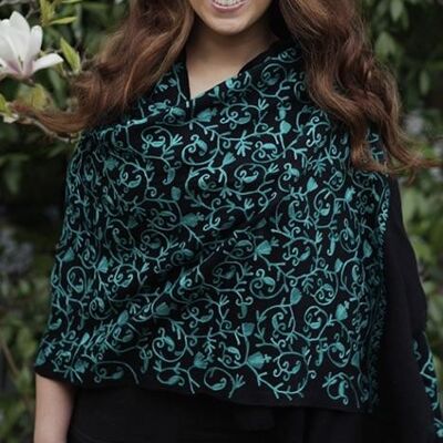 Black with Green Embroidered Wool Shawl