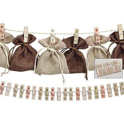 Advent calendar, clip set made of wood, 24 pieces, 4 cm