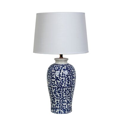 LAMPE EN CÉRAMIQUE PEINTE BLEU/BLANC AVEC ÉCRAN 30X30X53CM HM111117