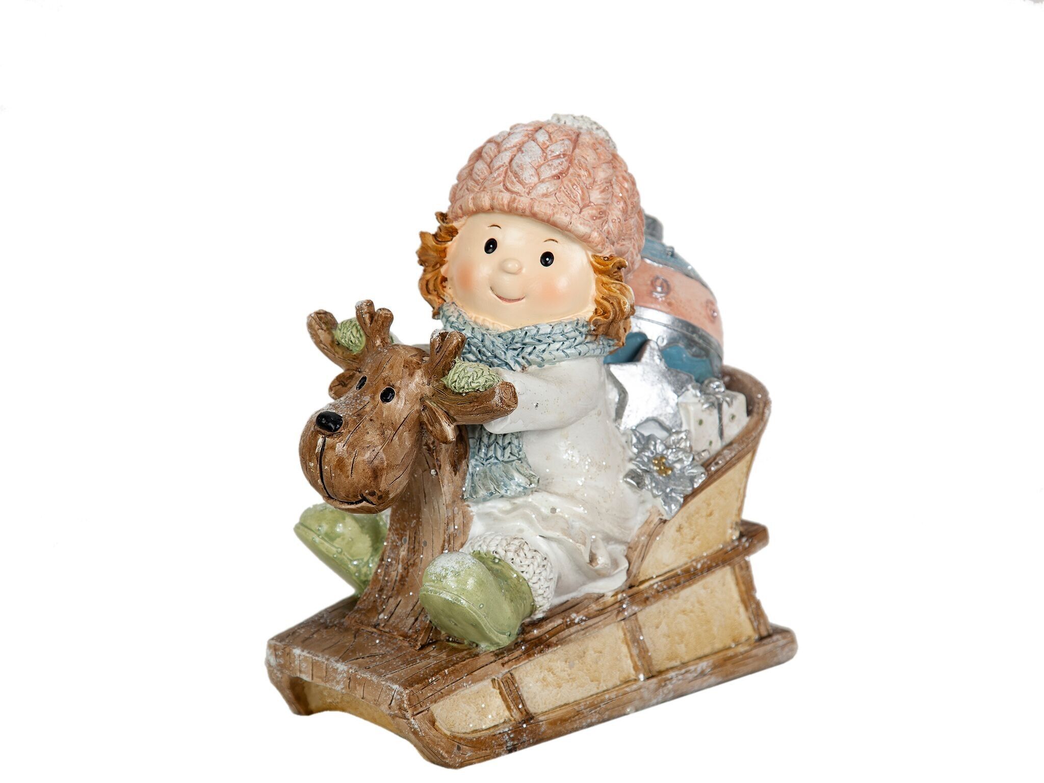 MÄDCHEN IN EINER RENTIER-SCHLITTENFIGUR AUS HARZ HM192533