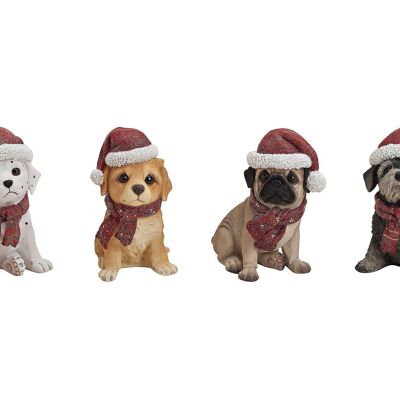 Dog with Christmas hat made of poly, 4 assorted (W/H/D) 13x16x8 cm