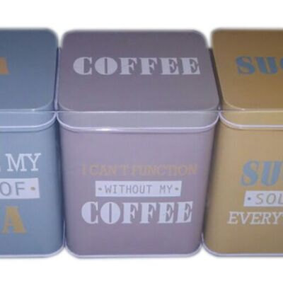 Juego de 3 cajas metálicas para café - azúcar - té, diferentes colores. Dimensión: 10x10x13cm TM-651A