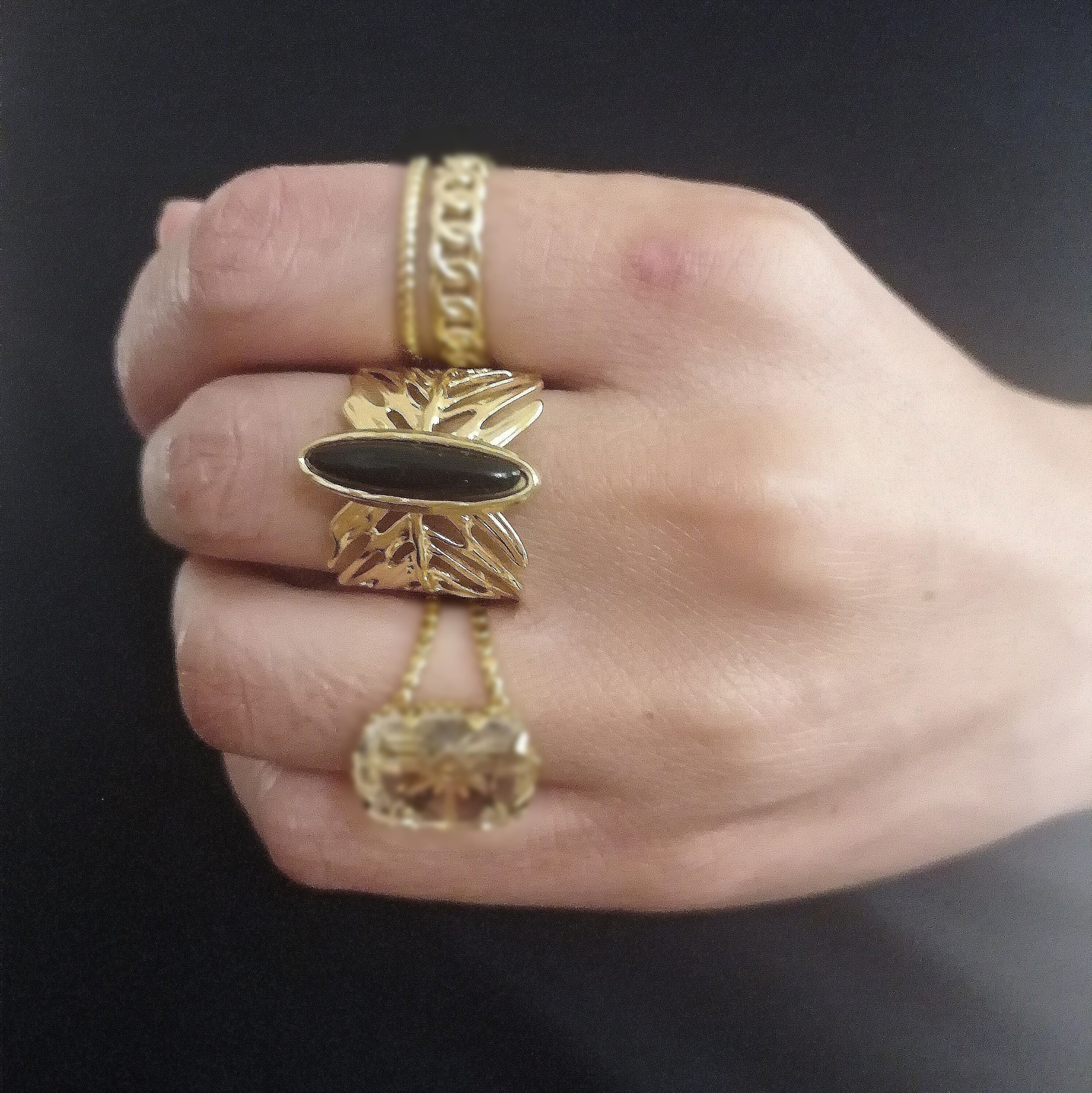 Set di anelli navette cabochon in acciaio con motivo vegetale