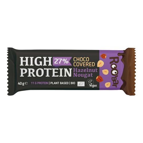 High-protein hazelnut nougat bar covered with chocolate