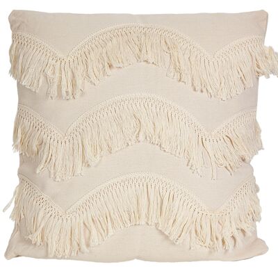 WHITE CUSHION WITH CREAM POLYESTER FRINGES 45X45X10CM HM843268