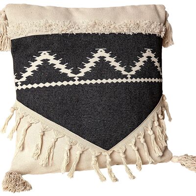 CREAM/BLACK CUSHION WITH POLYESTER FRINGES 45X45X10CM HM843272