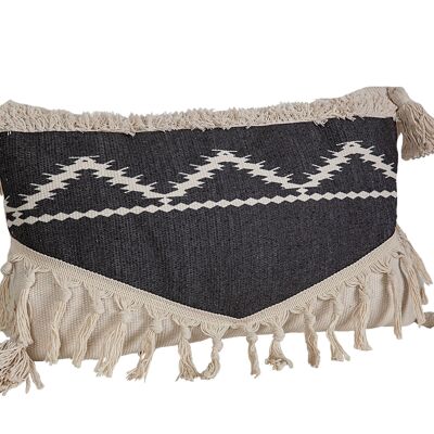 CREAM/BLACK CUSHION WITH POLYESTER FRINGES 30X50X10CM HM843273