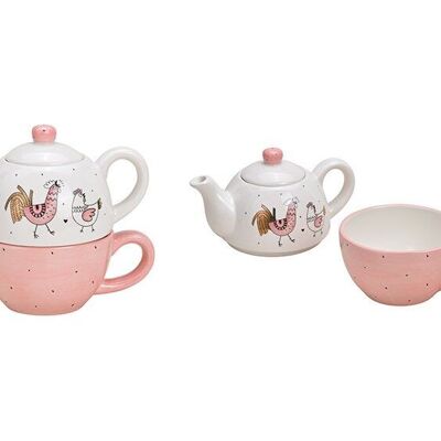 Teapot set rooster chicken decor made of ceramic pink / pink