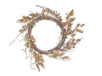 COURONNE DE FEUILLES ET BOULES DOREES HM91001