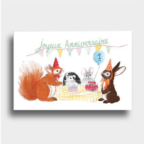 Carte d'Anniversaire Enfant "Fête Animale foret 1an"