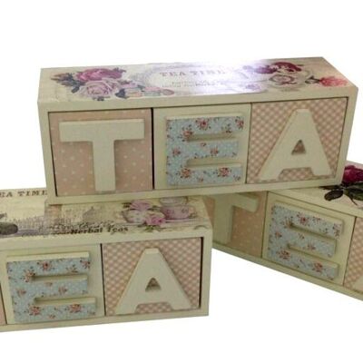 Wooden tea case, with 3 drawers in 3 designs. Dimension: 27x9x9cm TM-579