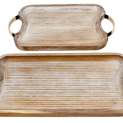 SET 2 WOOD/RATTAN TRAYS WITH HANDLES HM311111