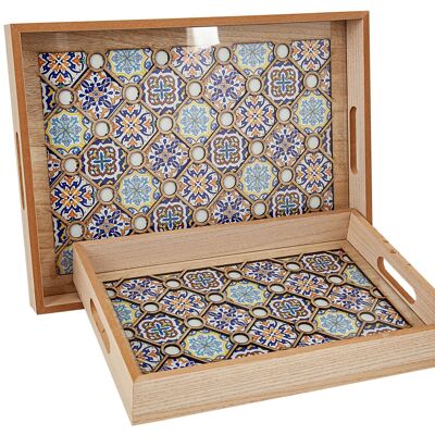 SET 2 WOODEN TRAYS WITH GLASS HM843406