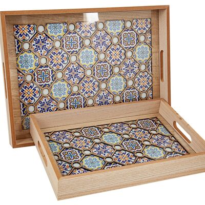 SET 2 WOODEN TRAYS WITH GLASS HM843406