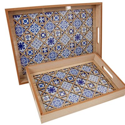 SET 2 WOODEN TRAYS WITH GLASS 39X29X5CM HM843409