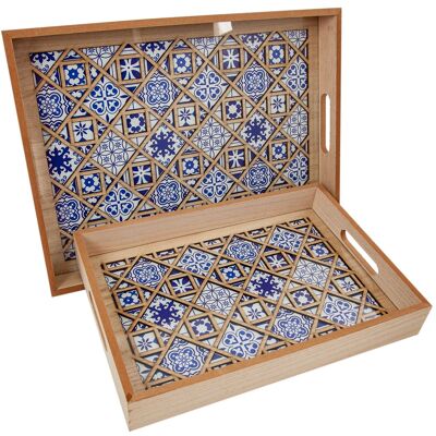 SET 2 WOODEN TRAYS WITH GLASS HM843409