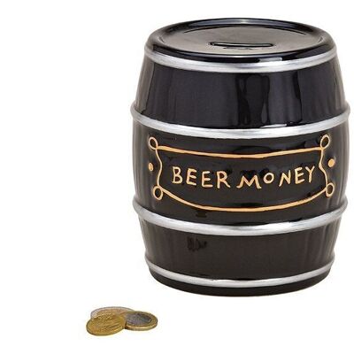 Barrel money box, Beer Money, made of black ceramic (W/H/D) 13x14x13cm