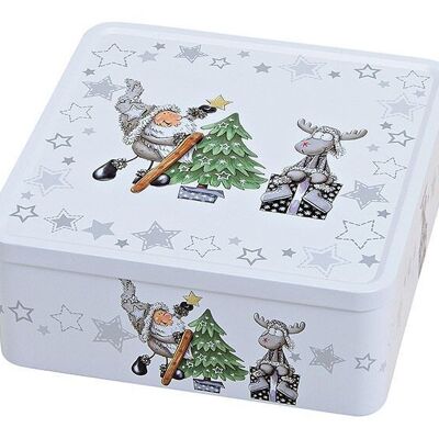 Box with 3D Santa Claus and elk motif, square, made of gray metal (W/H/D) 19x8x19cm