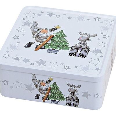 Caja con motivo 3D de Papá Noel y alces, cuadrada, de metal gris (an/al/pr) 19x8x19cm