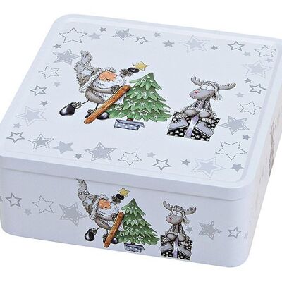 Caja con motivo 3D de Papá Noel y alces, cuadrada, de metal gris (an/al/pr) 19x8x19cm