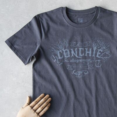T-shirt unisex POLITESSE di colore grigio bluastro in cotone organico serigrafato a mano