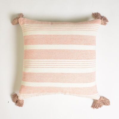 Fodera per cuscino a righe con nappe rosa pastello