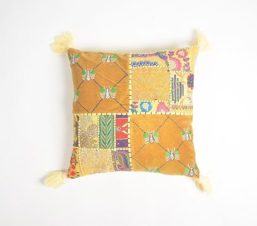 Floral Embroidered Patchwork Cotton Tasseled Cushion Cover